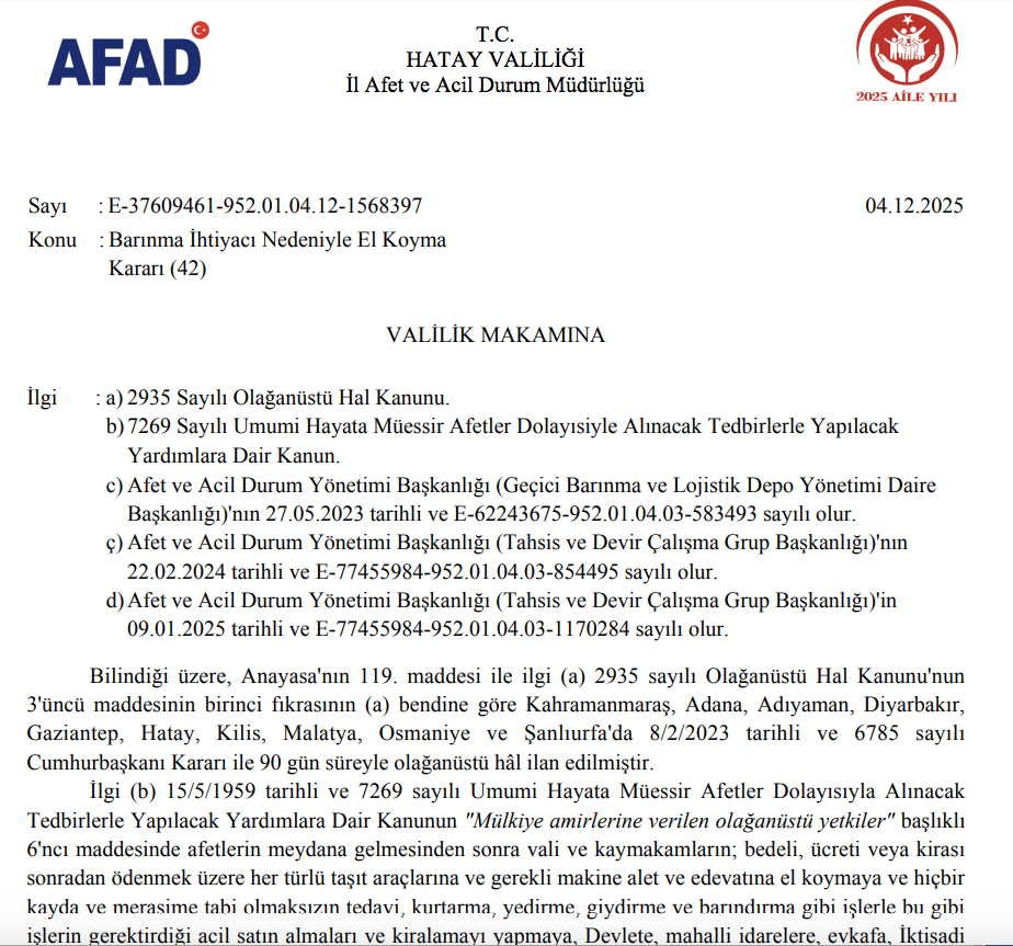 Hatay İl Afet ve Acil Durum Müdürlüğünün (AFAD) Barınma İhtiyacı Nedeniyle El Koyma Kararı-42